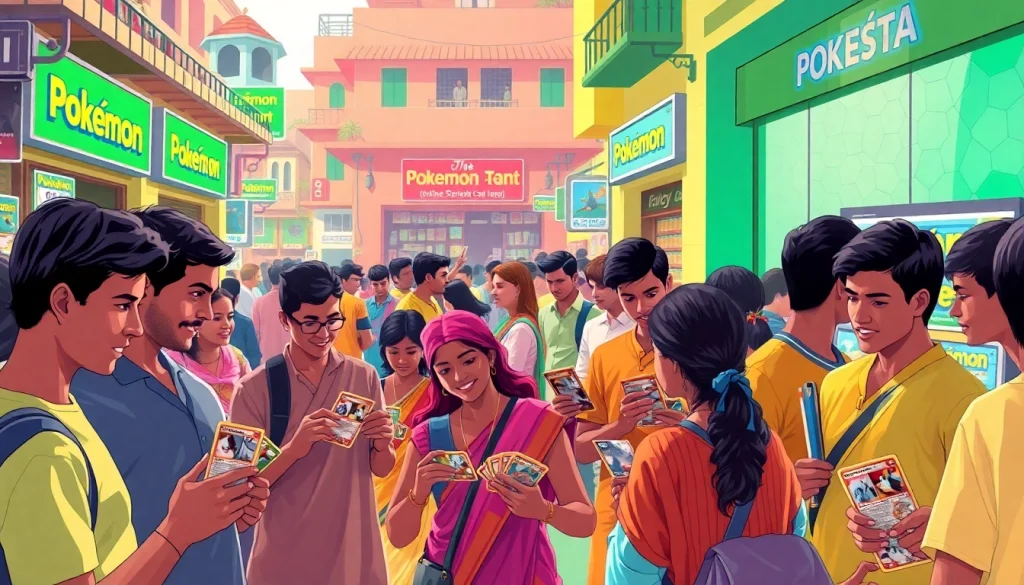 Discover a lively Pokémon tcg india scene with collectors trading cards in a vibrant market.