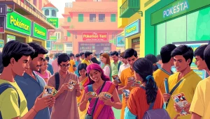 Discover a lively Pokémon tcg india scene with collectors trading cards in a vibrant market.
