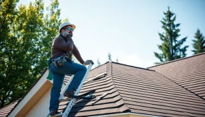 Reliable Roofing companies Vancouver Wa contractor working on a residential roof in bright daylight.