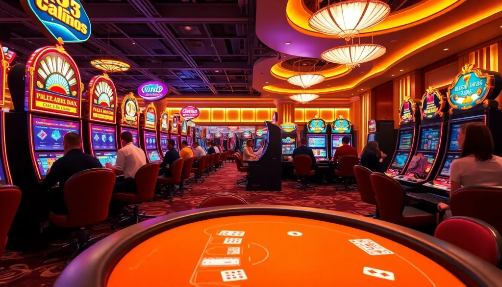 Engaging view of gaming enthusiasts enjoying We1Win's slot machines and poker tables in an energetic casino.