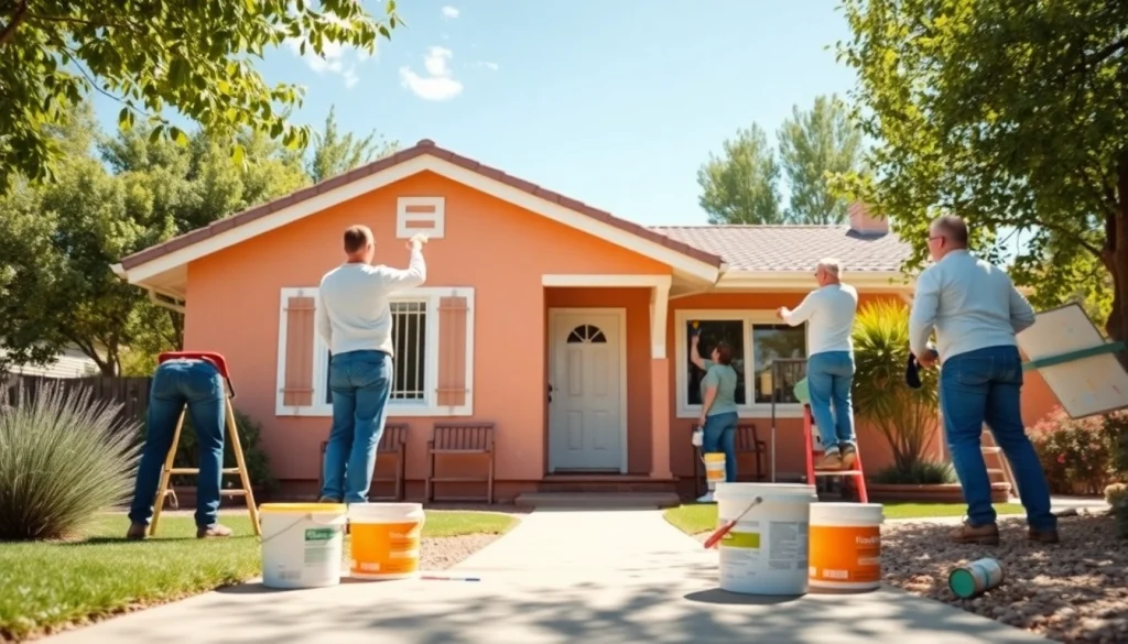 Showcasing painter services in Anthem with professionals painting a residential home in bright colors.