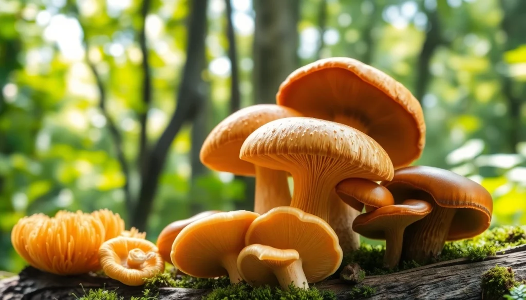 Harvest Mushroom Complex with medicinal mushrooms in a natural forest setting showcasing their vibrant colors.