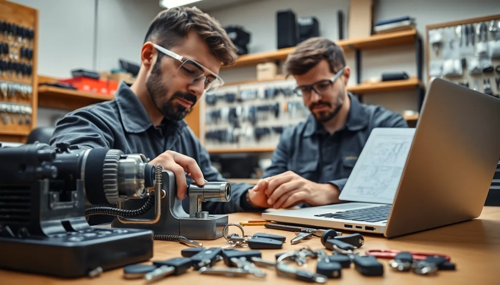 Locksmith repairing Lost Car Keys with professional tools in a well-lit workshop.