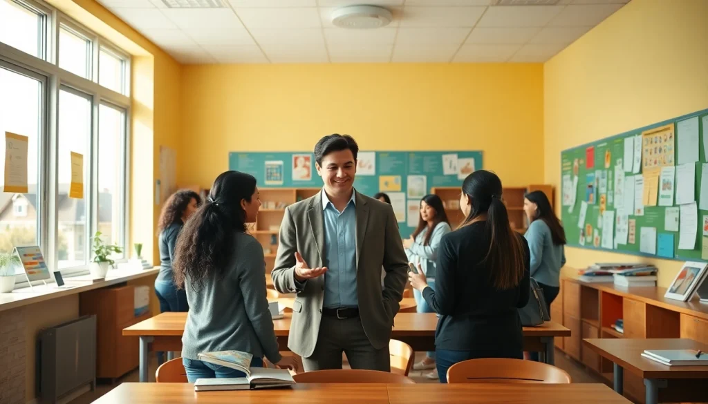 Showcasing educational resources in an engaging classroom environment with students collaborating.