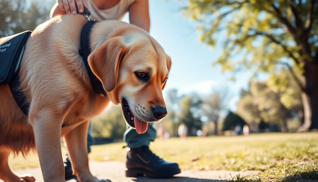 Get a service dog helping a person with a disability in a bright park setting.