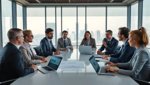Engaging discussion on international business real estate investment in a modern conference room.