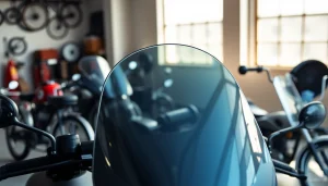 Examine high-quality motorcycle windshields displayed prominently on motorcycles, featuring unique designs.