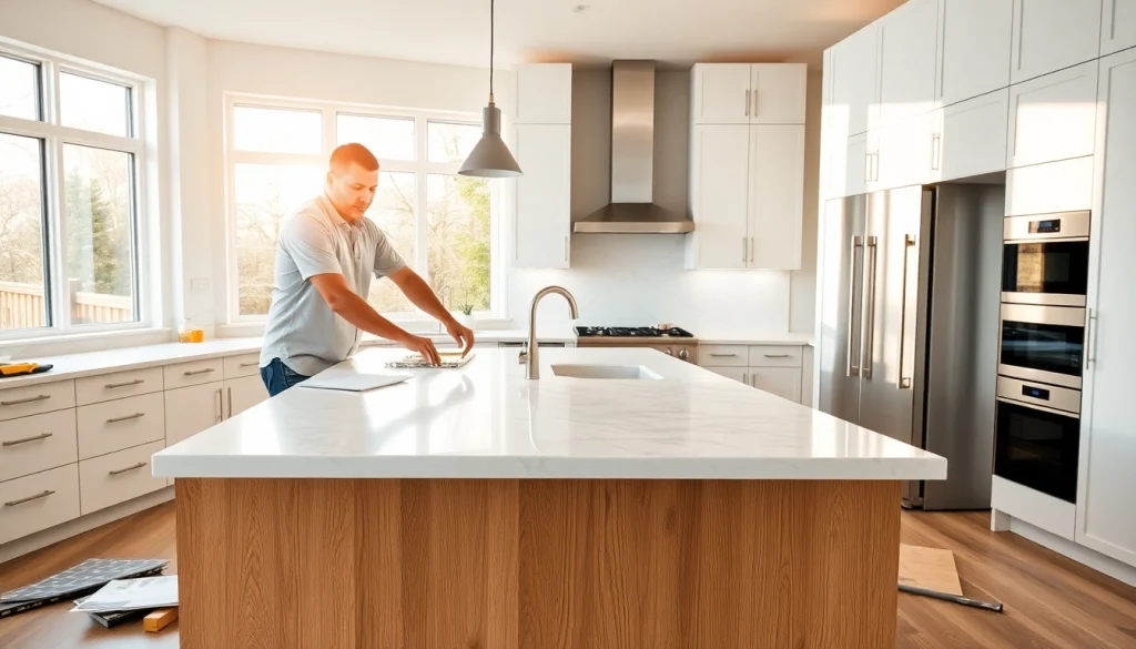 Kitchen remodeler installing a modern marble countertop in a contemporary kitchen setting.