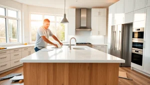 Kitchen remodeler installing a modern marble countertop in a contemporary kitchen setting.