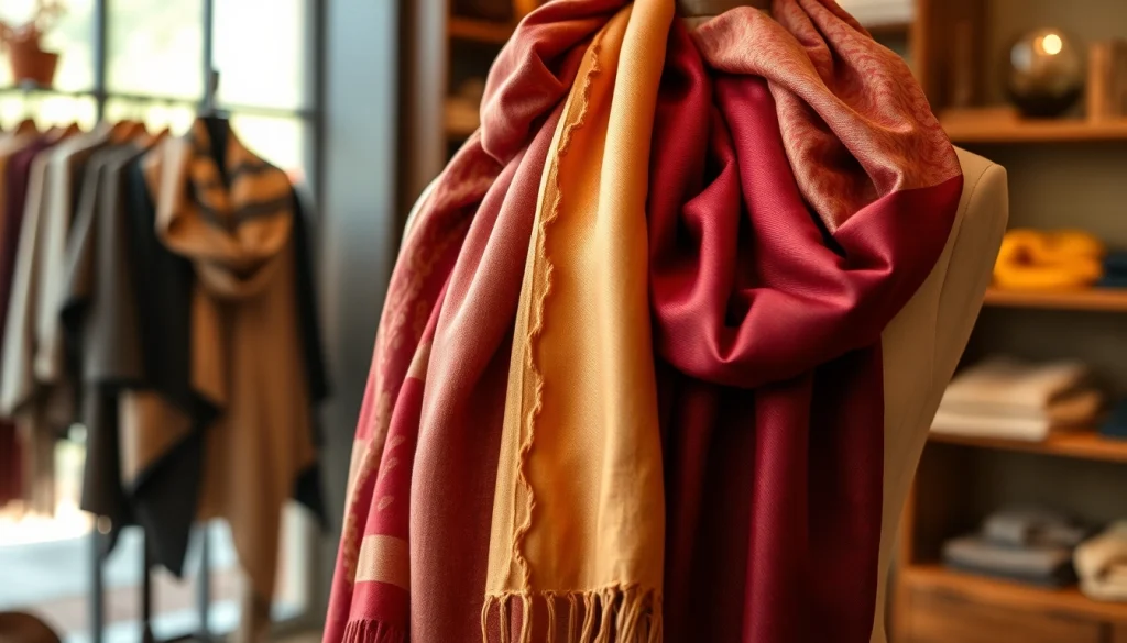 Showcasing a vibrant array of scarves draped elegantly on a mannequin in a boutique.