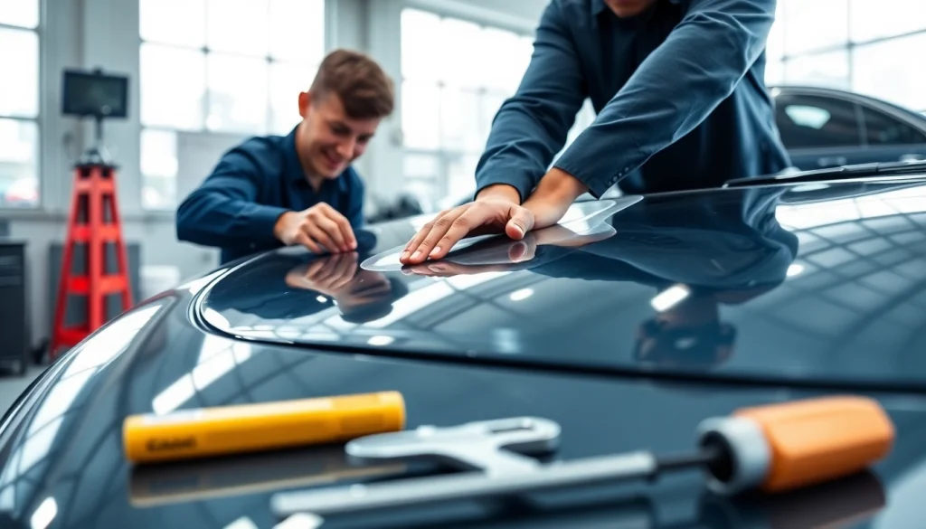ppf installer skillfully applying a protective film to a luxury car's surface.