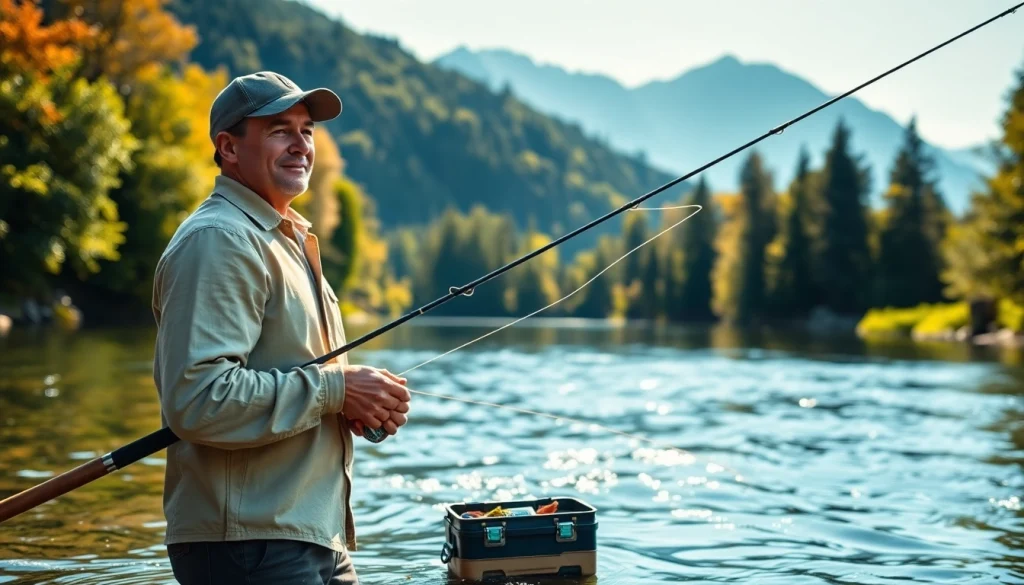 Angler casting fly fishing line in a tranquil river, surrounded by mountains and greenery.