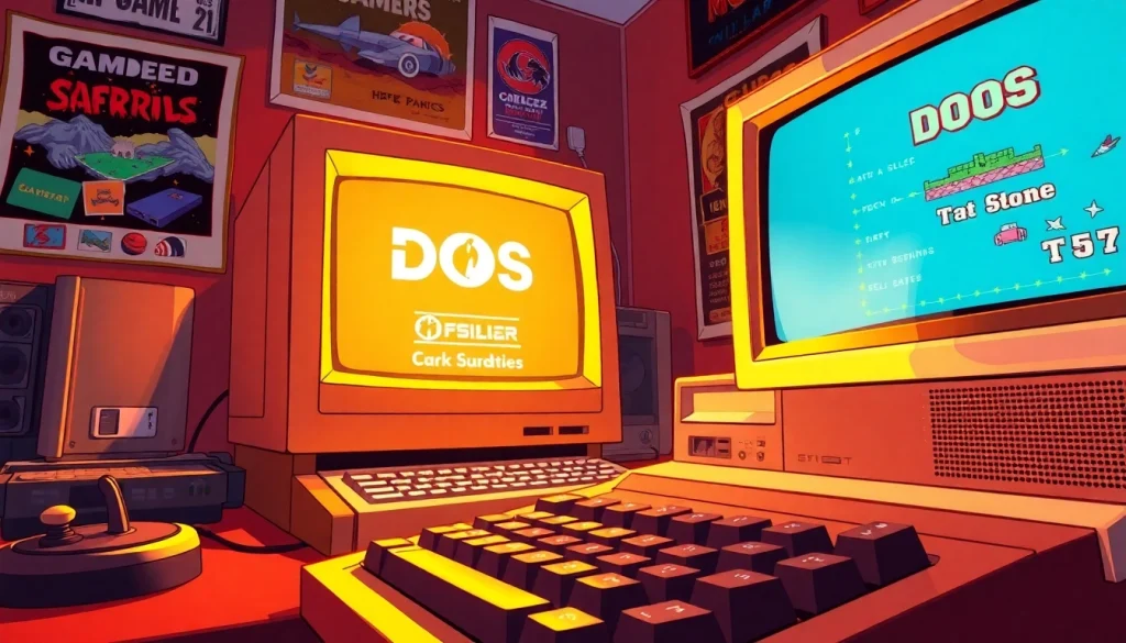 Play DOS games on a nostalgic computer setup with vintage gaming gear.