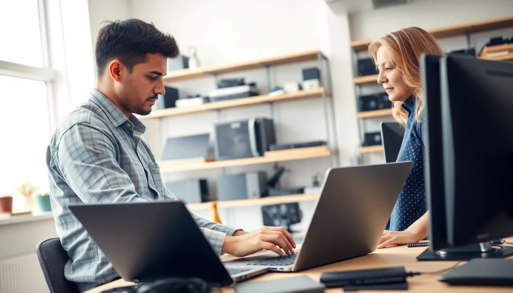 Provide computer help with a technician assisting a client in a professional setting.