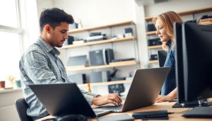 Provide computer help with a technician assisting a client in a professional setting.