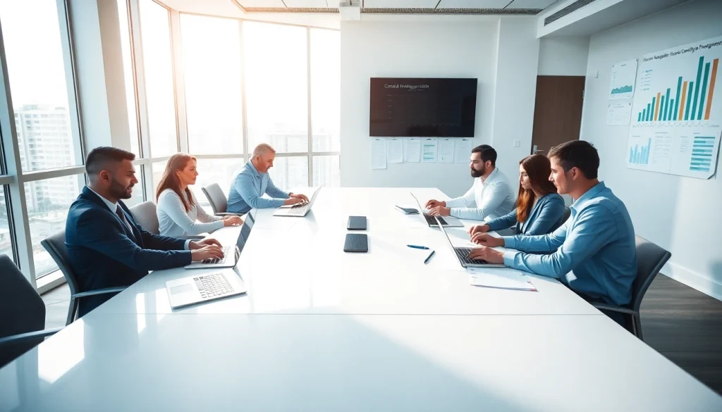 Engaged condo management team collaboratively working in a bright office environment.
