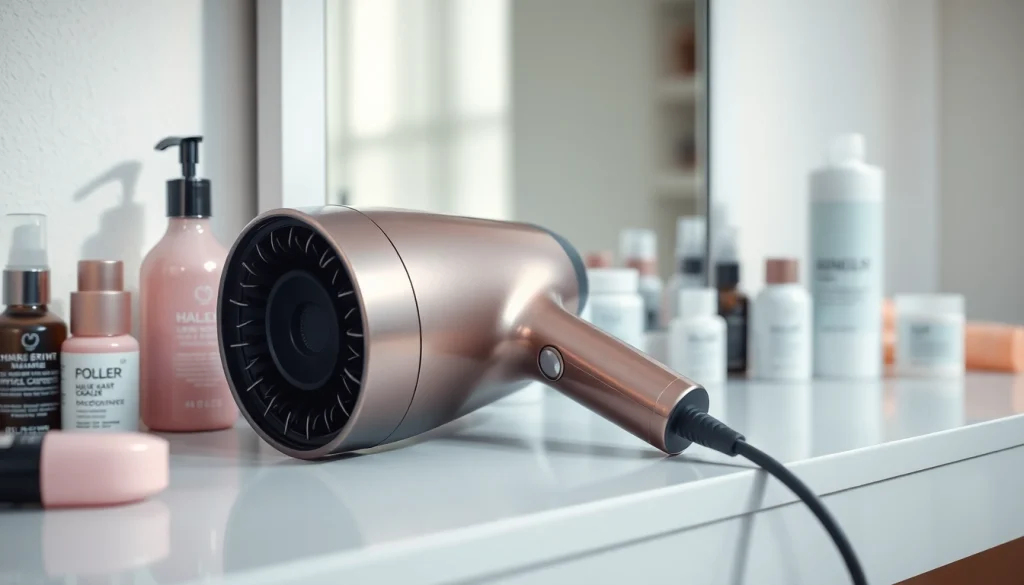 Efficient hair dryer showcasing sleek design and elegant finish on a modern vanity.