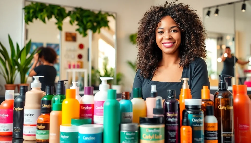 Showcasing curly hair products on a professional salon display for vibrant hair care solutions.