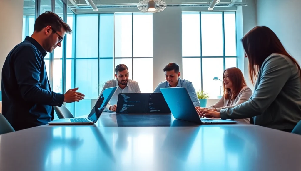 Collaborative web development team showcasing coding and design in a modern office