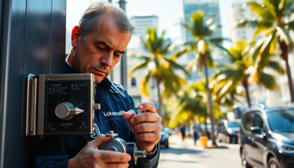 Locksmith Miami professionals providing services in a bustling urban landscape, showcasing expertise.