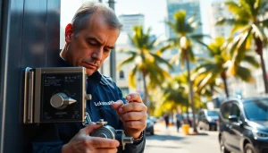 Locksmith Miami professionals providing services in a bustling urban landscape, showcasing expertise.