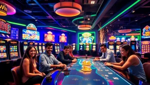 Engaging scene of players enjoying We1Win online gaming with vibrant casino ambiance.