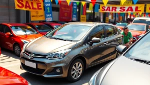 Vânzare de masini second hand, inclusiv un hatchback strălucitor într-o piață vibrantă.