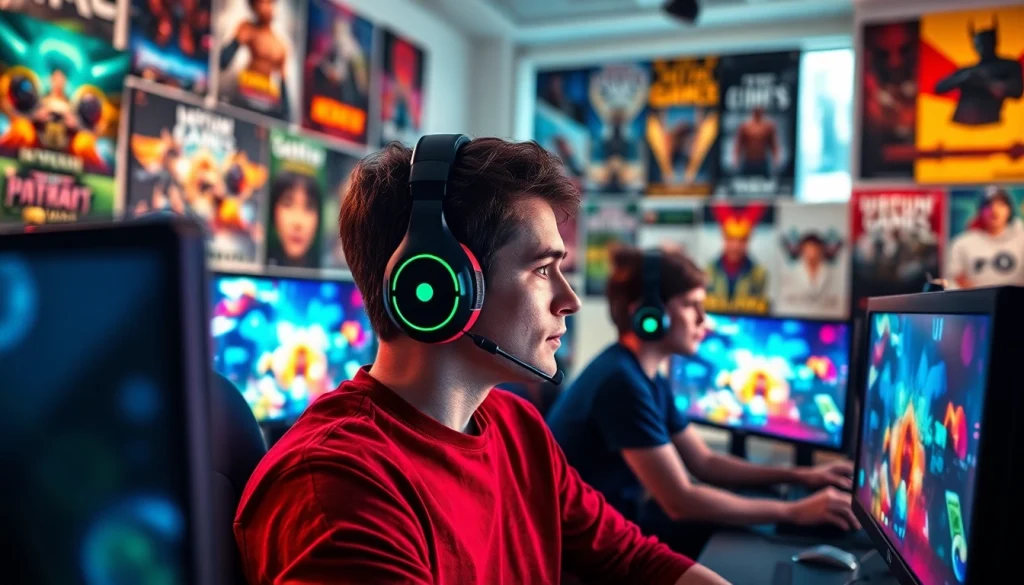 Menggambarkan pemain game online yang fokus dan energik dalam suasana permainan yang dinamis.