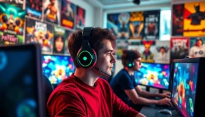 Menggambarkan pemain game online yang fokus dan energik dalam suasana permainan yang dinamis.