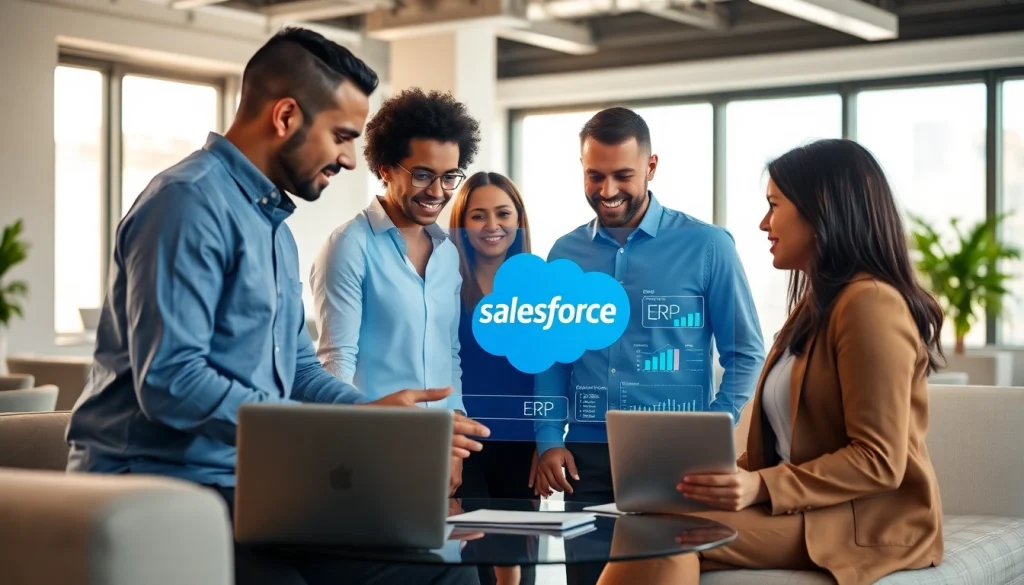 Team engaging with Salesforce ERP system in a dynamic office environment.