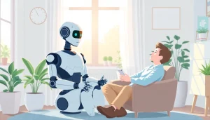 AI Therapist providing a supportive conversation in a serene therapy office setting.