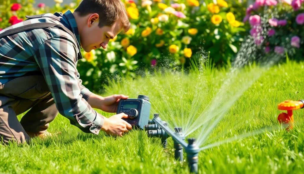 Engaged technician providing effective sprinkler system service in a vibrant garden.