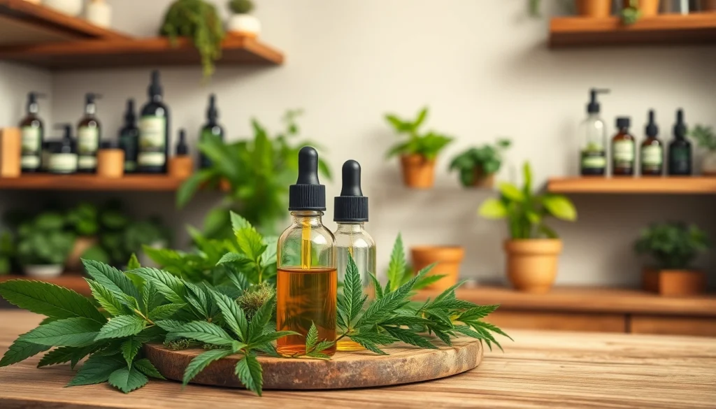 Showcase of cbd organics product in a serene wellness environment with natural elements and soft lighting.
