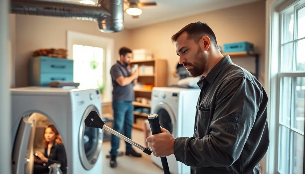 Technician cleaning dryer vent in professional setting, highlighting dryer vent franchises near me.
