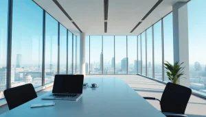 Achat de bureaux moderne avec vue panoramique sur la ville illuminée par la lumière naturelle.