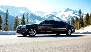 Experience car service from Vancouver airport to Whistler with this luxury limo against stunning mountain scenery.