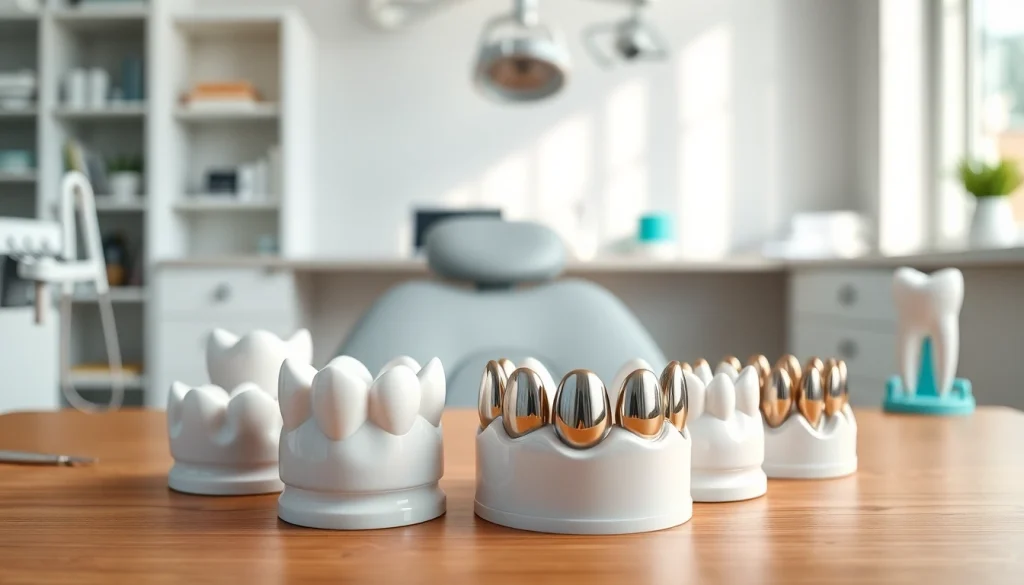 Dentist showcasing various crowns materials for dental restoration in an immaculate office.