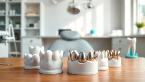 Dentist showcasing various crowns materials for dental restoration in an immaculate office.
