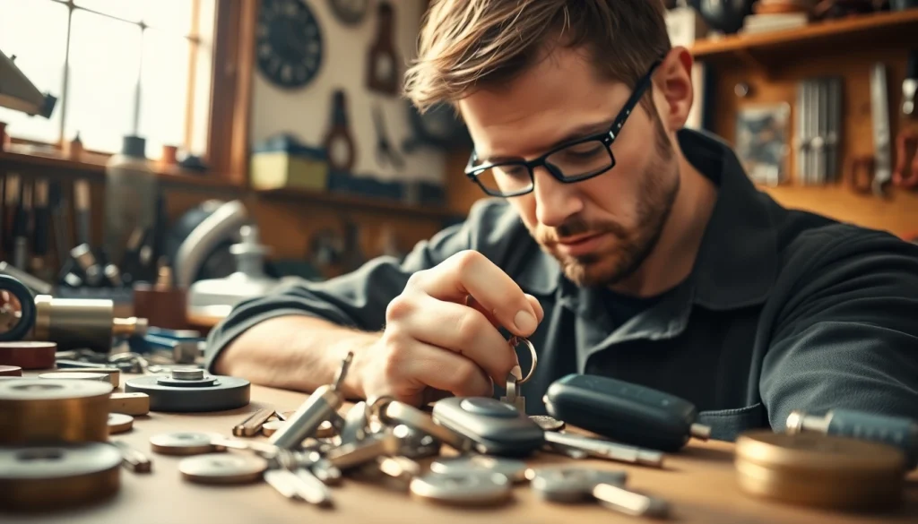 Repairing lost car keys by an expert locksmith in a warm workshop setting.