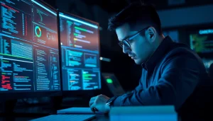 Aktive Durchführung von pentesting mit Cybersecurity-Analytik in modernem Büro.