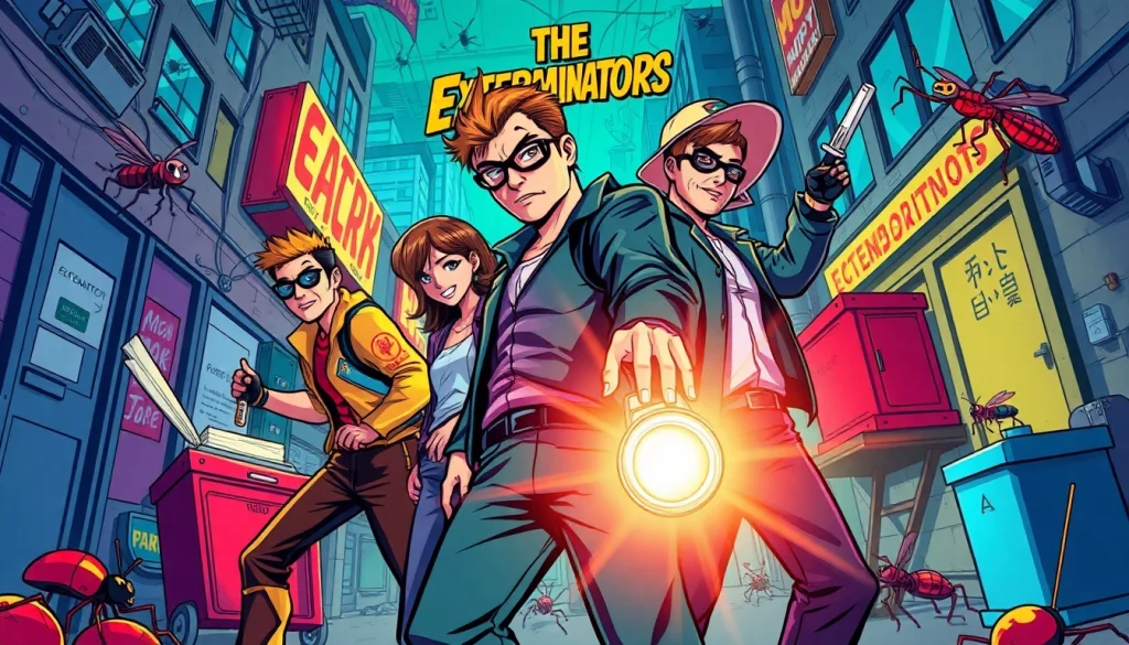 Action scene from The Exterminators comic series showcasing vibrant characters and intense extermination dynamics.