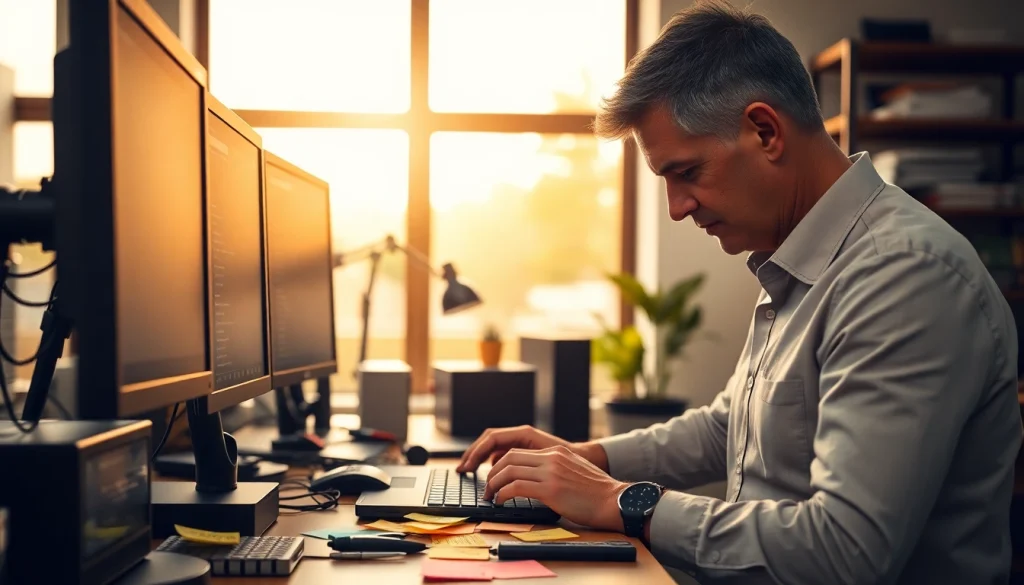 Offering computer help, a technician is troubleshooting a laptop in a bright office setting.