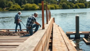 Captivating bulkhead installation process amid serene waterfront surroundings.