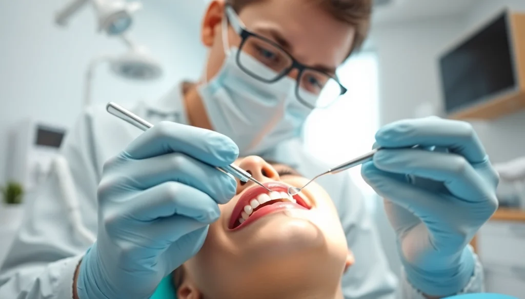 Performing dental cleanings to enhance oral hygiene in a modern dental office.