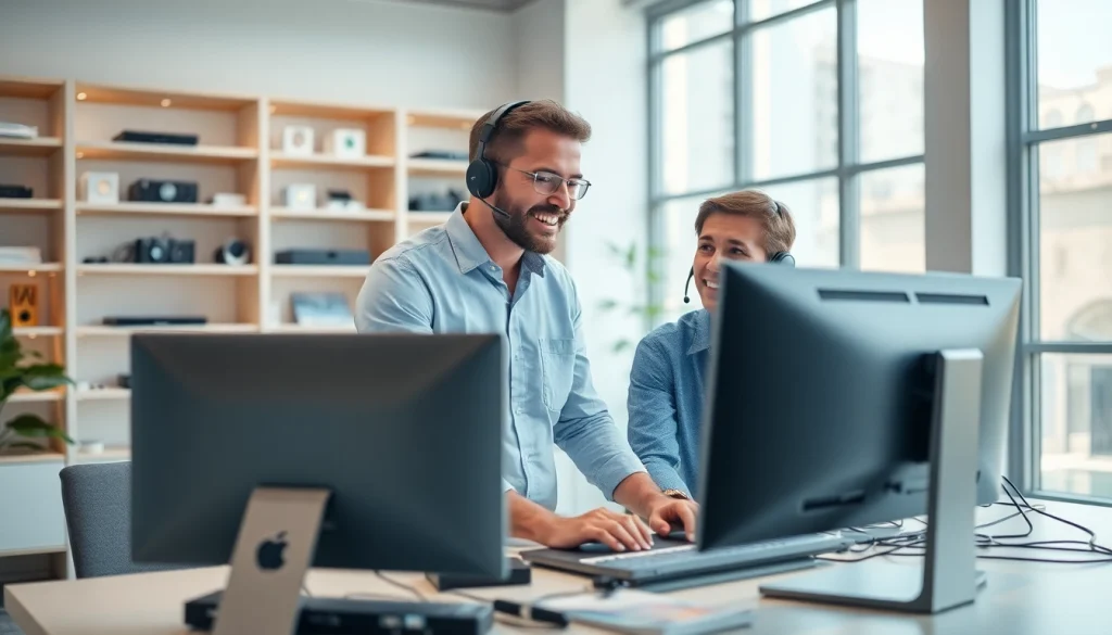 Provide expert computer support in a modern office setting, showcasing technician-client interaction.