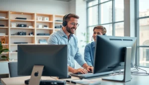 Provide expert computer support in a modern office setting, showcasing technician-client interaction.