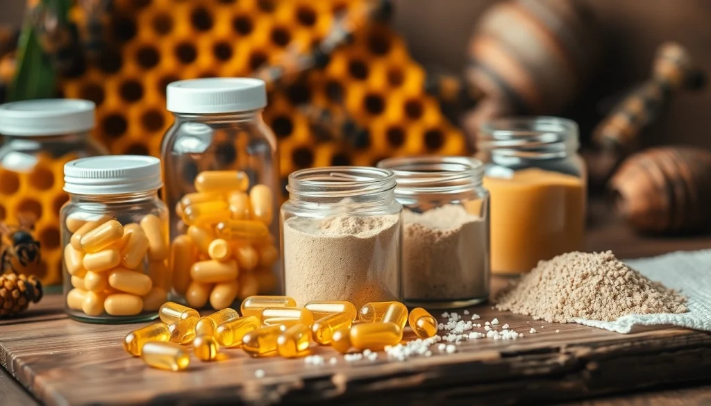 Showcase bee bread supplements containing essential nutrients and vitamins for health enhancement.