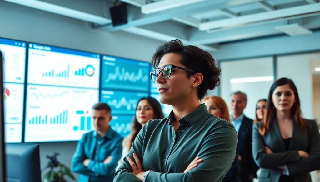 Google Ads Agency professionals collaborating on successful campaign strategies in a modern office.