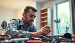 Electrician working meticulously with tools in a bright and clean environment.