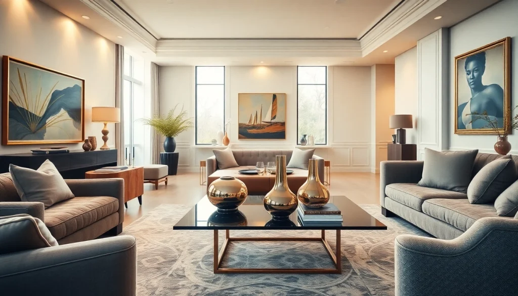Experience luxury interior design with an elegant living room showcasing fine art and plush furnishings.